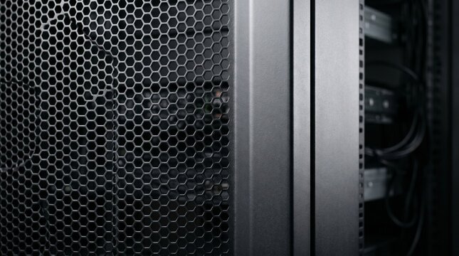 Close-up view of a black metal hexagonal mesh grille on a modern computer server cabinet, industrial technology, data center infrastructure, cyber security.