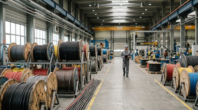Male worker with a tablet walking past racks holding massive wooden reels of colorful electrical wire in a manufacturing plant, industrial inventory management, automated factory.