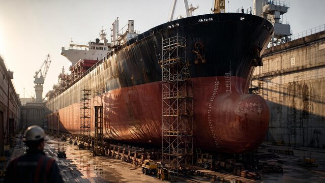 drydock. A colossal ocean freighter secured in a vast concrete drydock with scaffolding. safety posters, maintenance manuals, designed for industrial assembly lines and welding operations.