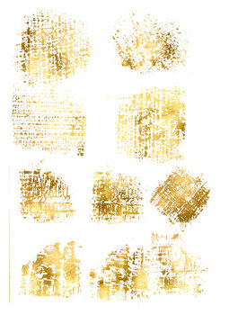 Gold set Watercolor brush stroke. Gold Texture. Set gold dust Light Golden Confetti.  Old gold texture with gold paper particles and gold flakes that shimmer. Watercolor gold foil pieces flake. PNG.