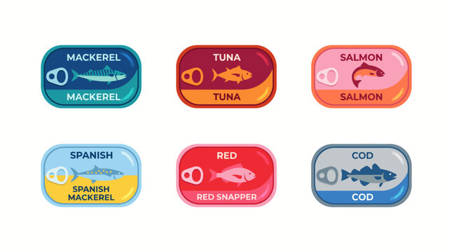 A vibrant collection of illustrated canned seafood labels, featuring various fish types like tuna, salmon, and mackerel, perfect for grocery branding or packaging design concepts