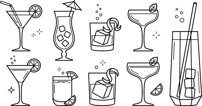 Cocktail Glassware Line Art Vector Set Featuring Martini Coupes Hurricane Tumblers Old Fashioned Lowballs and Summer Drink Icons