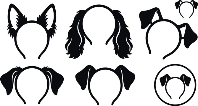 Dog Ears Headband Silhouette Vector Collection Featuring Puppy Floppy Ears Fluffy Spaniel Ears Wolf Headwear and Party Costume Prop Designs