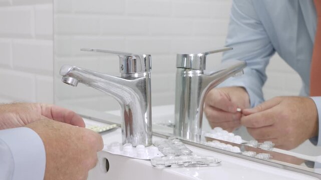 Blurred Shooting with a Sick and Suffering Man in Front of the Bathroom Mirror taking from the Sink Medical Pills.