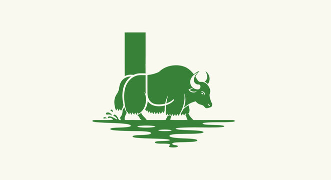 Green silhouette of a water buffalo standing in water.