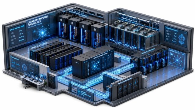 Isometric 3D rendering of advanced quantum computing core facility, futuristic datacenter server room with blue neon lighting and modular mainframes