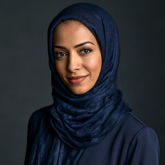 Naklejka premium Professional Portrait of a Confident Middle Eastern Businesswoman Wearing a Navy Hijab