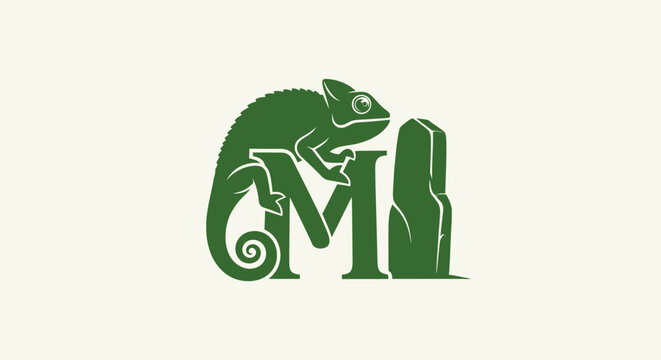 Green chameleon wrapped around stylized letter M.