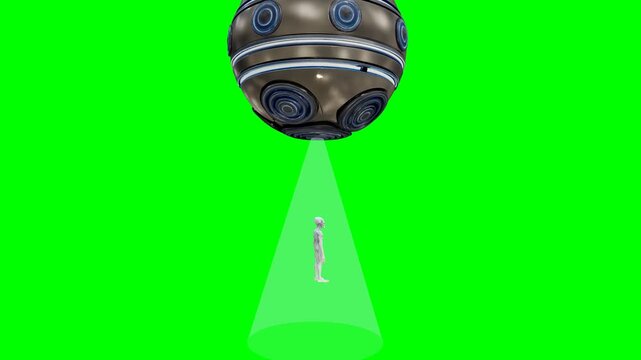 Alien teleporting from metallic UFO spaceship on green screen. 4K Video