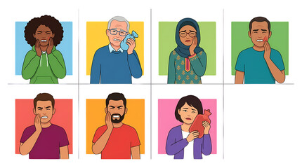 Fototapeta premium Collection of diverse people using hot and cold compresses for toothache pain relief pngs isolated full focused with transparent background
