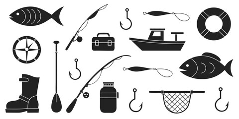 Set of fishing equipment silhouettes featuring boats hooks rods nets and containers for recreational outdoor hobby and commercial maritime industry activity concepts © Sadhin07