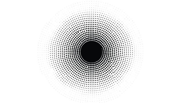 Radial halftone dot pattern creating a circular gradient effect from dense black center to scattered edges on white.