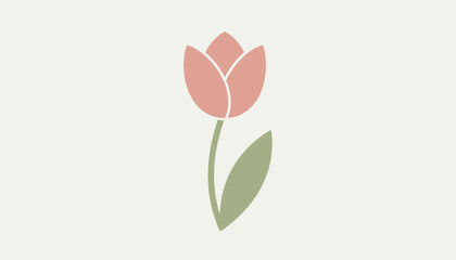 Fototapeta premium Minimalist illustration of a single elegant pink tulip with a green stem and leaf on a soft cream background.