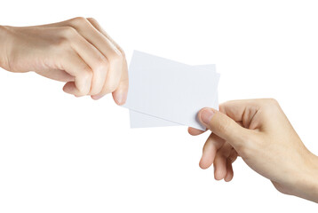 Obraz premium Set of blank white cards exchanged between hands, isolated on transparent cutout background