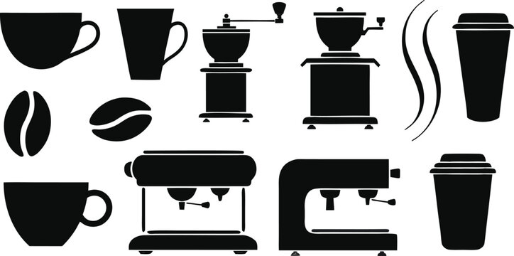 Coffee shop equipment collection featuring professional espresso machines manual grinders and assorted mugs isolated on transparent background for cafe web design