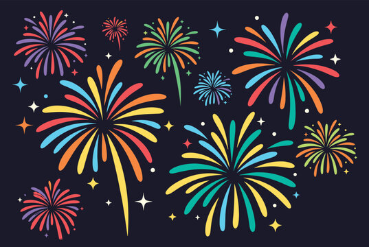 Bright and colorful fireworks display exploding against a dark night sky background with small stars and sparkles.