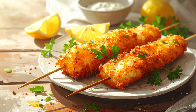 Crispy Fried Seafood Skewers with Lemon and Tartar Sauce