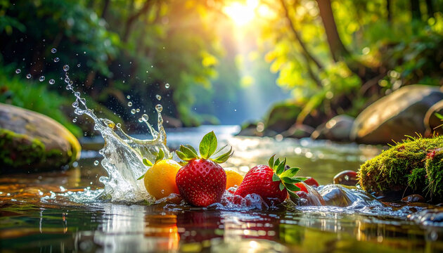Fresh Strawberries and Citrus Fruit Splashing in Sunny Forest River