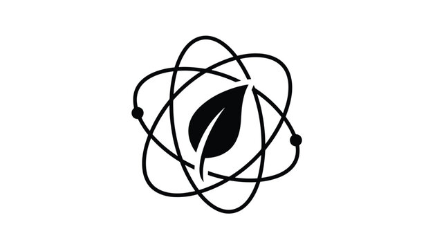 Abstract line art showing an atomic structure with a leaf inside representing green energy and eco science.