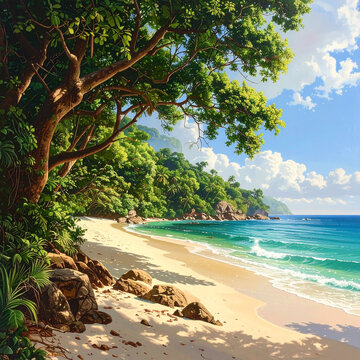 Serene Tropical Island Beach with Lush Trees and Turquoise Water