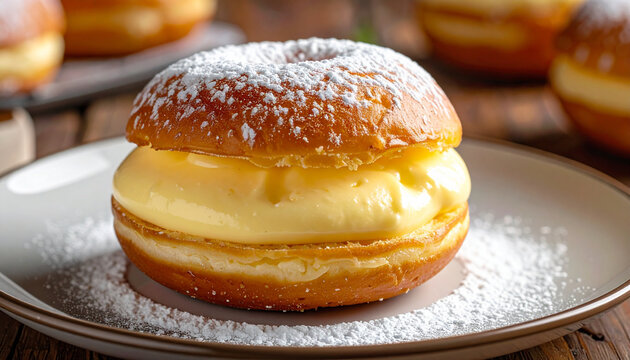 Gourmet Custard Filled Donut with Powdered Sugar on Plate