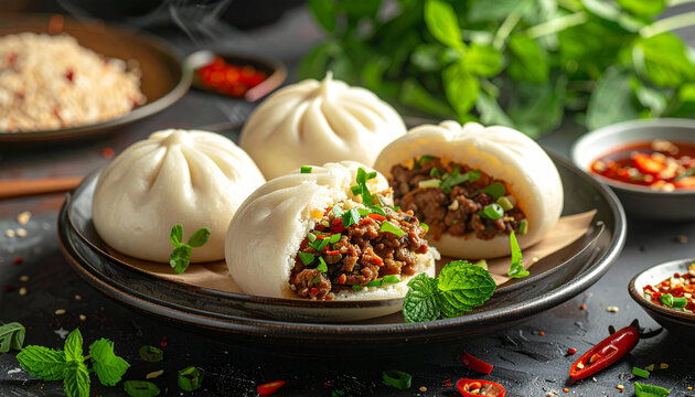 Steamed Bao Buns with Savory Meat Filling and Spicy Dipping Sauce