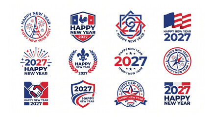 Assorted happy new year 2027 emblem and badge collection featuring patriotic french and american inspired symbols illustration celebration template collection greeting calendar © Shaon