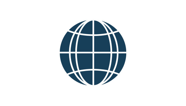 Clean navy blue globe icon showing meridians and parallels isolated on a solid white background.