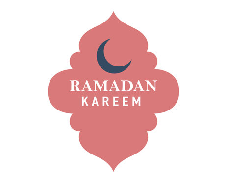 Ramadan kareem islamic frame label. Vector flat pink arabic shape badge with text, crescent moon and star isolated on white background. Oriental traditional ornament tag
