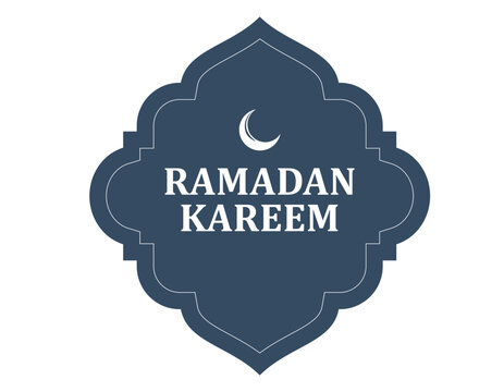 Ramadan kareem islamic frame badge. Vector flat dark blue arabic shape label with text and crescent moon isolated on white background. Oriental geometric decoration element