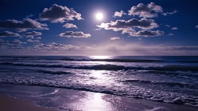 Serene ocean waves gently lap a sandy shore under a bright, cloudy sky at twilight.