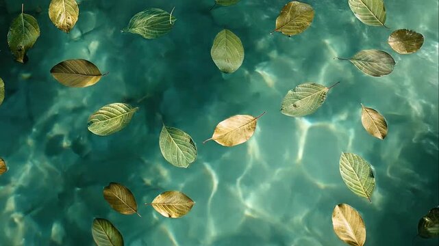 Green and yellow autumn leaves floating on clear turquoise water with sunlight reflections