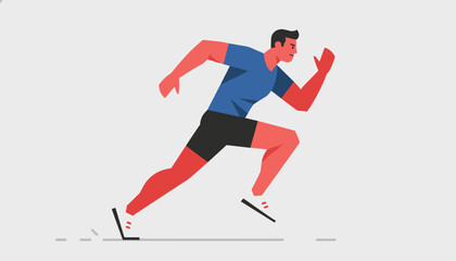Obraz premium Athletic professional man in blue shirt and black shorts sprinting fast from starting blocks on a grey background.
