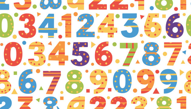 Colorful seamless background pattern of cute cartoon numbers from zero to nine with playful dots and stripes decorations.