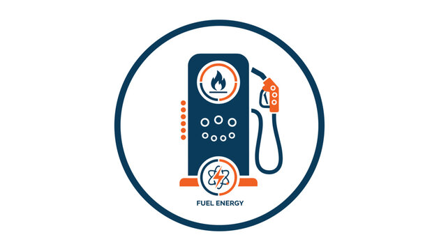 Circular technology icon depicting a fuel pump station with electric energy and fire symbols for power concept.