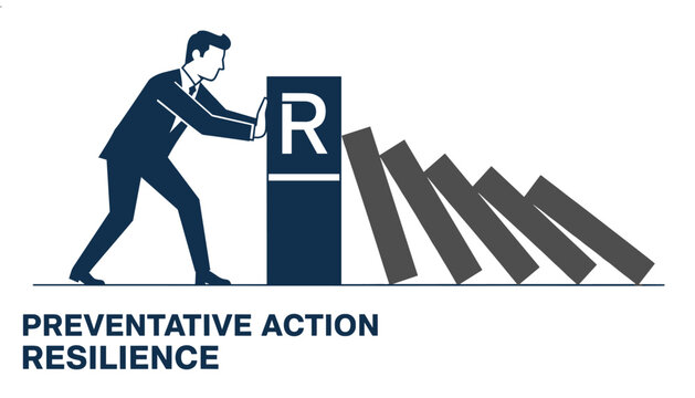 Determined professional businessman stopping falling dominoes with a resilience block for preventative action concept.