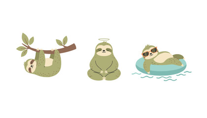 Fototapeta premium Collection of cute cartoon sloths meditating in lotus position, hanging on a tree branch, and floating on a swim ring.