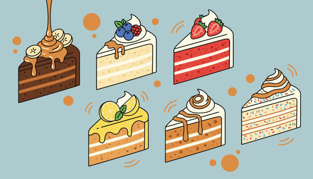 Set of six delicious slices of different sweet cakes including chocolate, strawberry, blueberry, and lemon flavors.