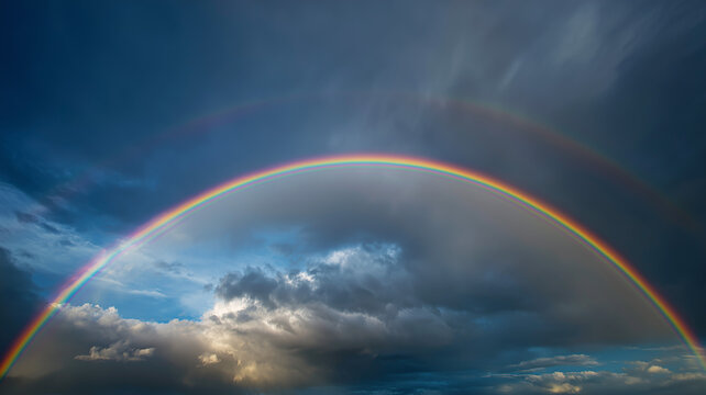 A majestic double rainbow dominates a cloudy sky. the main rainbow displays a full spectrum of colors, appearing bright and well defined. Ai generated