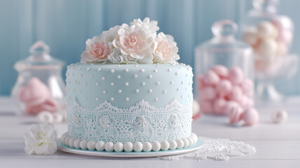 Naklejka premium A pale blue round cake takes center stage, adorned with delicate white icing. the top half of the cake is covered in small white polka dots. Ai generated
