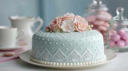 Naklejka premium A pale blue round cake takes center stage, adorned with delicate white icing. the top half of the cake is covered in small white polka dots. Ai generated