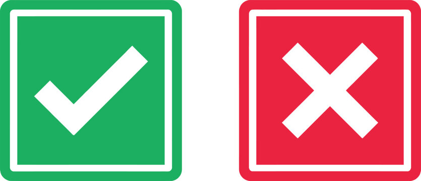 Green check mark and red cross mark icons in square boxes for business feedback and choices