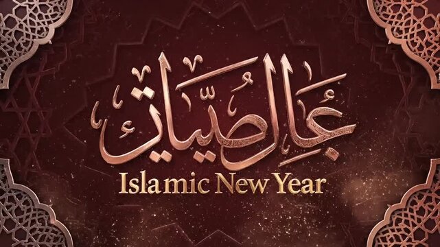Elegant Islamic New Year calligraphy design with decorative borders and shimmering lights