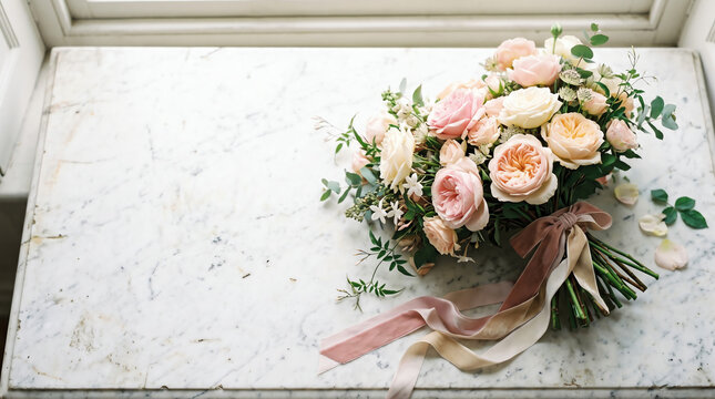 luxurious wedding bouquet of pastel garden roses and ranunculus with velvet ribbon on a white marble table