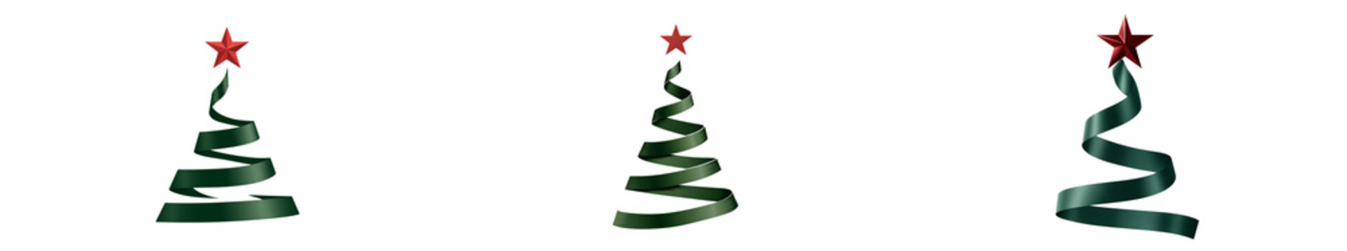 Three green ribbon christmas trees with red stars on transparent background for holiday decoration