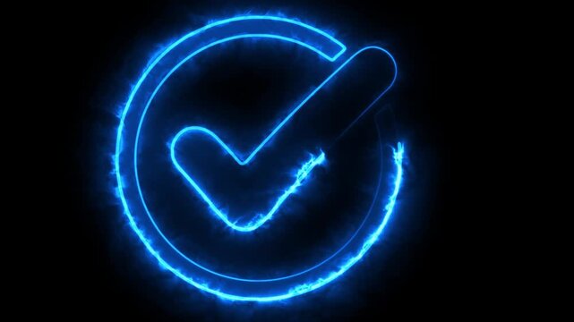 Blue neon check mark in circle glowing with dynamic motion on black background