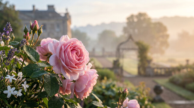beautiful pink garden roses with blurred manor house background at sunrise