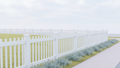 Obraz premium White picket fence surrounding a green lawn on a residential property for real estate marketing, home improvement services and landscaping design with copy space