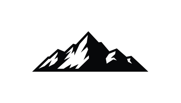 Majestic mountain range silhouette with sharp snowy peaks in black and white style isolated on a clean white background.