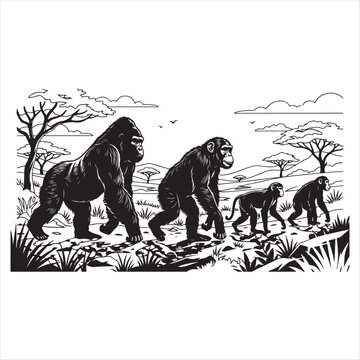 Family of gorillas and monkeys walking on savannah with trees and grass